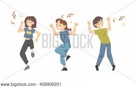 Positive Young Man And Woman Dancing Moving Hands And Legs To Music Rythm Vector Set