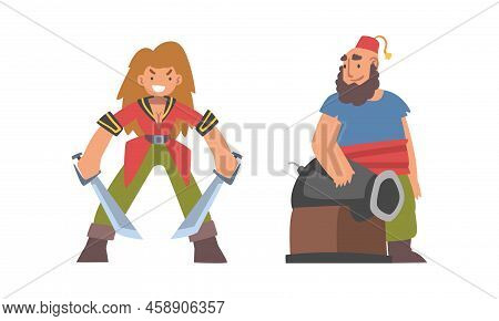 Brutal Man And Woman Pirate Or Buccaneer Character With Saber As Marine Robber Vector Set