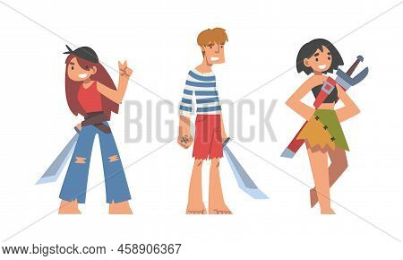 Brutal Man And Woman Pirate Or Buccaneer Character With Saber And In Striped Vest As Marine Robber V