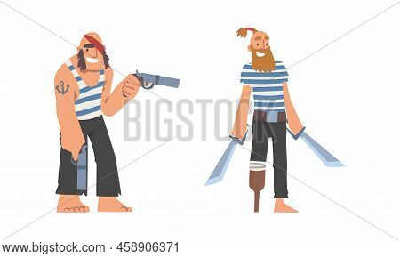 Brutal Man Pirate Or Buccaneer Character With Saber And In Striped Vest As Marine Robber Vector Set