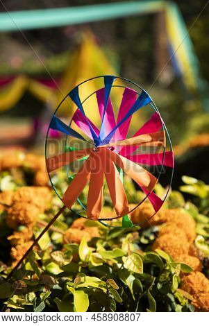 Colorful Paper Pinwheel. Paper Windmill Spinner Placed On Green Bushes With Flowers. Wedding Decorat