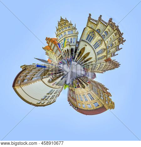 Muenster, Germany - April 29, 2022: Scenic View To Facade Of Old Historic Houses In Panoramic View A