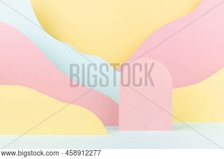 Elegant Fashion Style Paper Abstract Stage Mockup With Pink Arch Podium, Pastel Mountain Landscape -