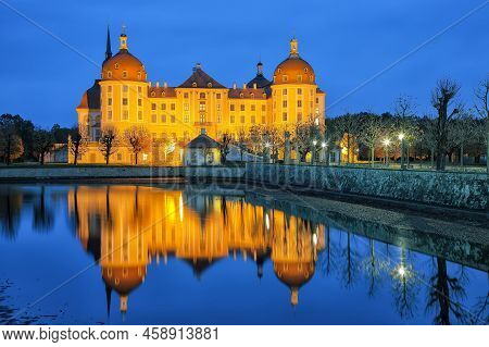 Majestic View Of Moritzburg Castle Near Dresden. Popular Tourist Destination. Location: Moritzburg, 