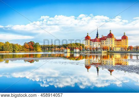 Breathtaking View Of Moritzburg Castle Near Dresden. Popular Tourist Destination. Location: Moritzbu