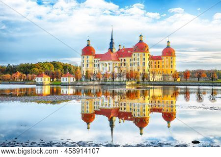 Majestic View Of Moritzburg Castle Near Dresden. Popular Tourist Destination. Location: Moritzburg, 