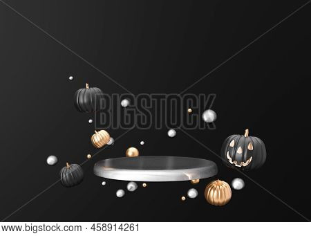 Silver Podium With Halloween Decoration On Black Background. Halloween Composition. Scene For Produc