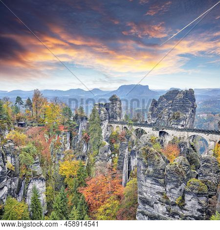 Fabulous Autumn Landscape In Saxon Switzerland National Park And  Bastei Bridge.   Location: Lohmen,