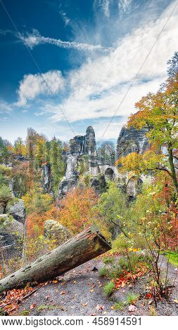 Picturesque Autumn Landscape In Saxon Switzerland National Park And  Bastei Bridge.   Location: Lohm