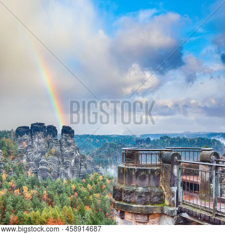 Gorgeous Autumn Landscape In Saxon Switzerland National Park And  Bastei Bridge.   Location: Lohmen,