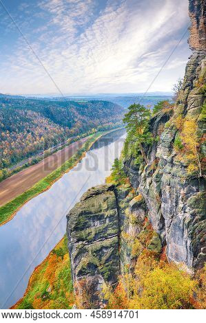Picturesque Autumn Landscape In Saxon Switzerland National Park. View Of Elbe River From Bastei View