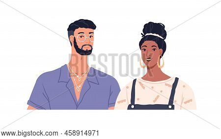 Young Happy Man And Woman Of Different Race Together. Biracial Love Couple. Smiling Romantic Partner