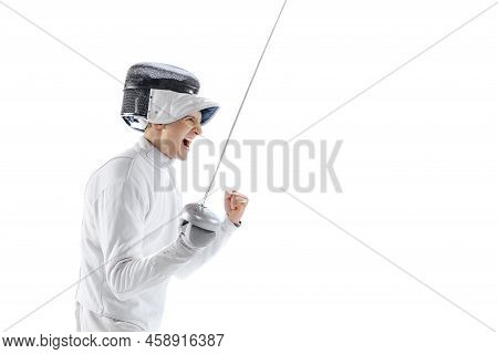 Portrait Of Professional Male Fencer In Fencing Costume And Mask Holding Smallsword Isolated On Whit