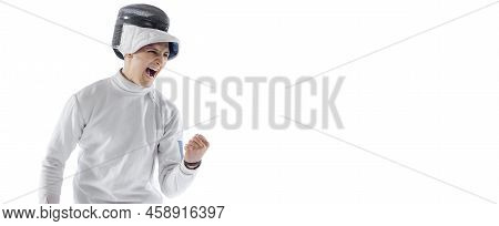 Flyer With Portrait Of Professional Male Fencer In Fencing Costume And Mask Holding Smallsword Isola
