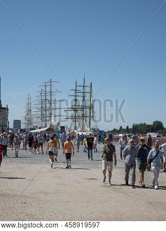 Antwerp, Belgium, 24 July 2022, Many Tourists Walk On The Scheldt Quays During The Tall Ships Races 
