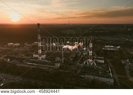 Aerial View Of Heating Plant And Thermal Power Station. Combined Modern Power Station For City Distr