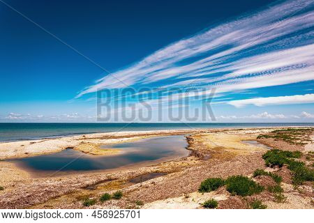 Wild Beautiful Beach On The Dzharylgach Island In The Black Sea.