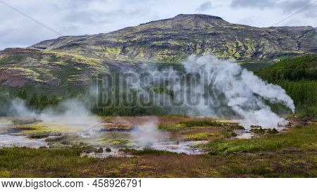 View At The Geothermal Field Of Geysir In Iceland