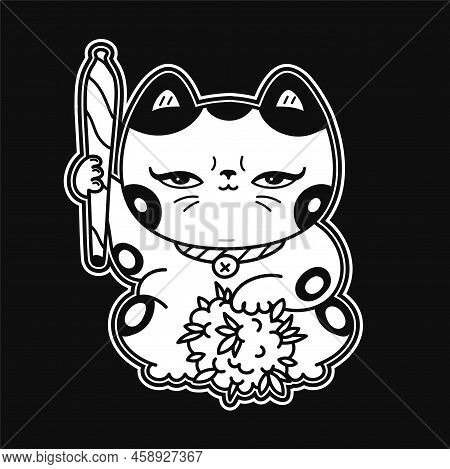 Cute Funny Kawaii Asian Maneki-neko Cat With Joint And Weed Bud. Vector Cartoon Kawaii Character Ill