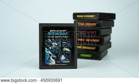 Istanbul, Turkey - July 2022: Atari Game Asteroids And Other Game Cartridges For Atari 2600 Video Ga
