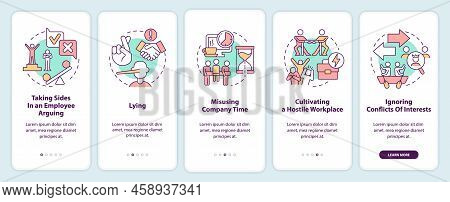Unethical Behavior Onboarding Mobile App Screen. Misusing Company Time Walkthrough 5 Steps Editable 