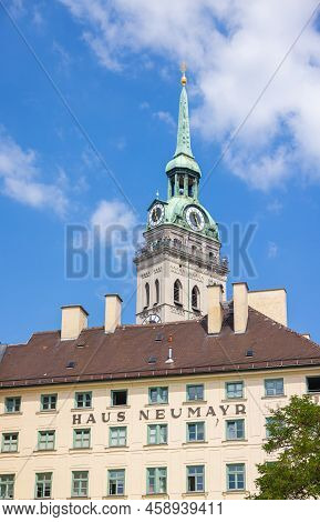 Munich, Germany - July 6, 2022: Peterskirche Or Also Called Alter Peter, Behind The 