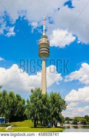 Munich, Germany - July 6, 2022: The Olympiaturm (olympia Tower) At Olympia Park. Looking Up Through 