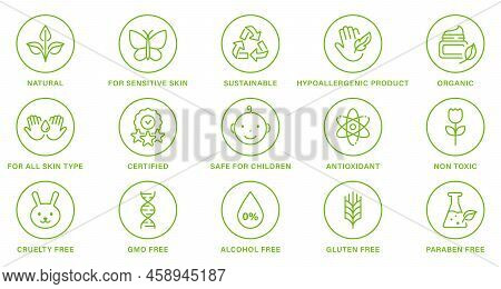 Cosmetic Organic Product Line Green Set Stamp. Natural Healthy Eco Bio Food, Cruelty Free, Non Alcoh
