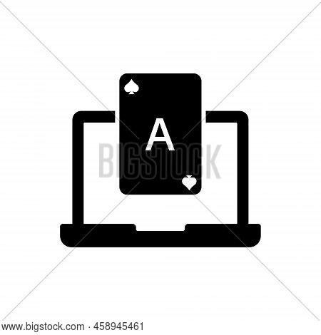 Casino Online Laptop Black Silhouette Icon. Internet Poker Club On Computer Glyph Pictogram. Play Ca