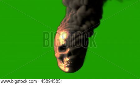Grey Scary Burning Human Skull On Chroma Key Screen With Fire - War Concept, Isolated - Object 3d Re