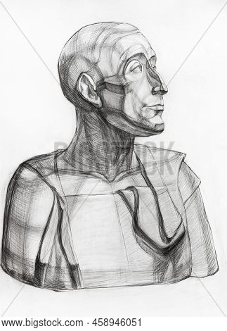 Academic Drawing Of Plaster Bust Of Niccolo Da Uzzano Hand-drawn By Graphite Pencil On White Paper