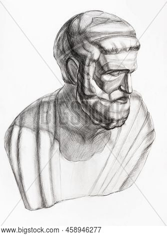 Study Drawing Of Plaster Bust Of Sophocles Hand-drawn By Graphite Pencil On White Paper
