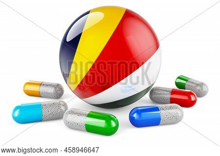 Pills Capsules With Seychelloise Flag. 3d Rendering Isolated On White Background
