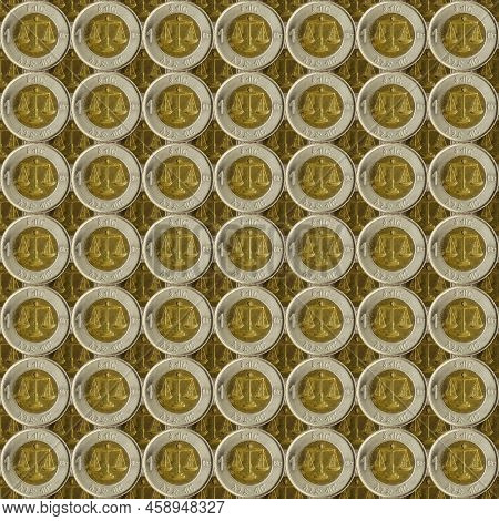 One Ethiopian Birr Coin. Reverse Of The Coin. Background From Coins. Full Frame Shot Of Coins.