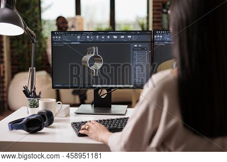 Industry Worker Developing Machinery Gears Product, Engineering Industrial Turbine Production On Com