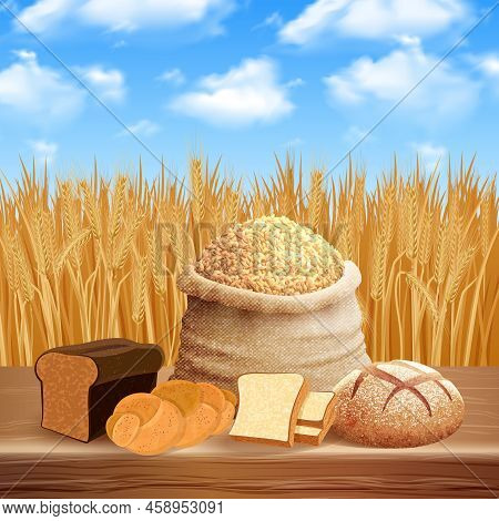 Bread Assortment Background With Careal And Crops Symbols Flat Vector Illustration