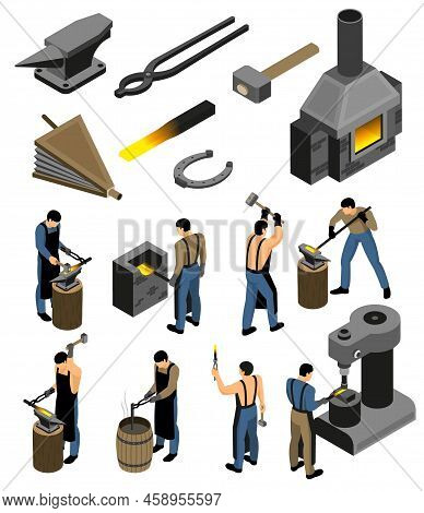 Isometric Blacksmith Set With Isolated Images Of Forging Shop Facilities And Human Character Of Iron