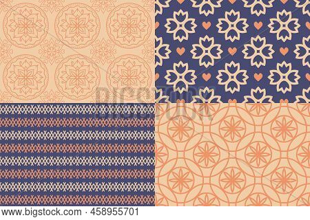 Seamless Patterns Set Pink And Blue Decorative Ornaments
