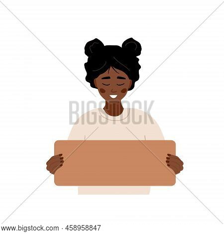 African Woman Holding Cardboard Blank Sign. Template For Your Slogan. Paper With Copy Space For Text