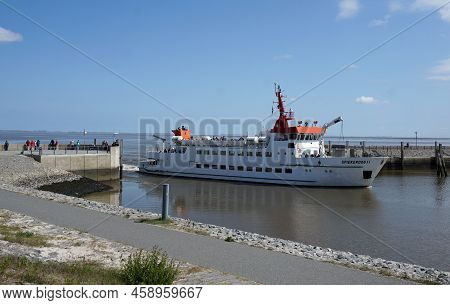 Neuharlingersiel, Germany - June 9 2020 - A Ferry Called Spiekeroog Ii On The Wadden Sea Is Entering