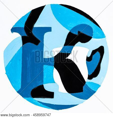Abstract Round Composition With Letter K And Cup On Saucer Hand-painted With Blue And Black Tempera 