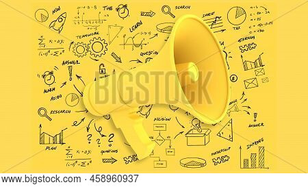 Advertising Yellow Bell With Marketing Icons Like Chart Graph Analysis Search Etc With Yellow Backgr