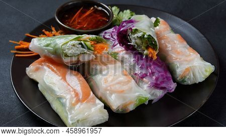 Vietnamese Spring Rolls Goi Cuon Or Nem Cuon,  Filled With Prawns, Herbs, Rice Vermicelli And Vegeta