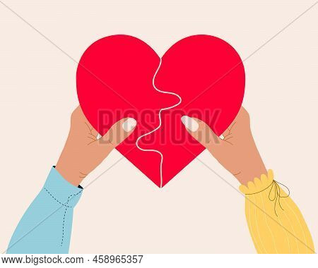 Man And Woman Insert Small Pieces Of Puzle Into Heart Shaped Puzzle. Concept Of Understanding. Young