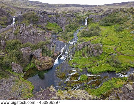 Drone View At The Waterfalls Of Gjain In Iceland