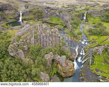Drone View At The Waterfalls Of Gjain In Iceland
