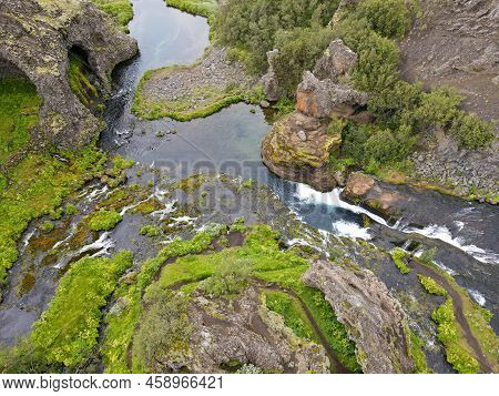 Drone View At The Waterfalls Of Gjain In Iceland