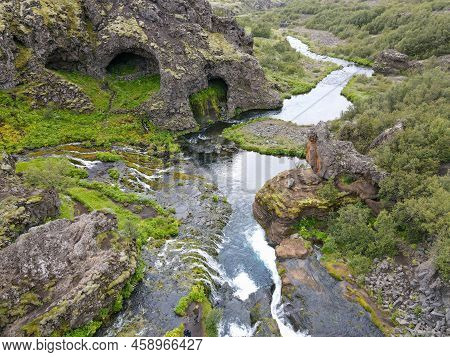 Drone View At The Waterfalls Of Gjain In Iceland