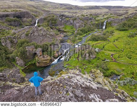 Drone View At The Waterfalls Of Gjain In Iceland