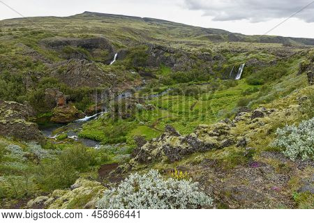 Drone View At The Waterfalls Of Gjain In Iceland